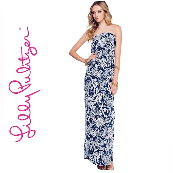 Lilly Pulitzer Dresses & Skirts - Lilly Pulitzer Navy White Sea print Strapless Side slits Maxi dress Size XS